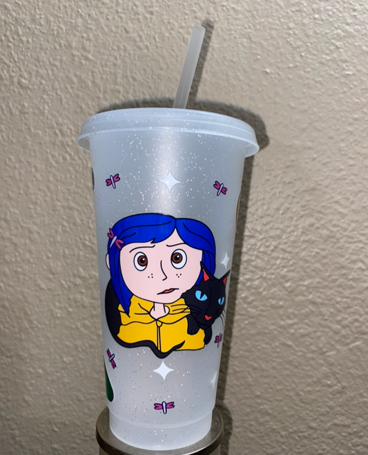 Coraline (pre-made frosted glitter cup)