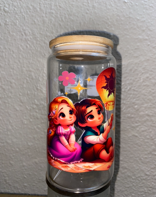 Rapunzel & Eugine under the Lanterns (pre-made glass cup)